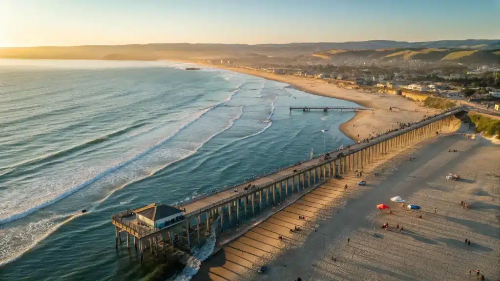 Why September Might Be Your Secret Weapon for the Perfect Pismo Beach Escape "Aerial view of Pismo Beach and wooden pier at golden hour with beachgoers, surfers, volleyball nets, colorful umbrellas, and Oceano Dunes in the background"