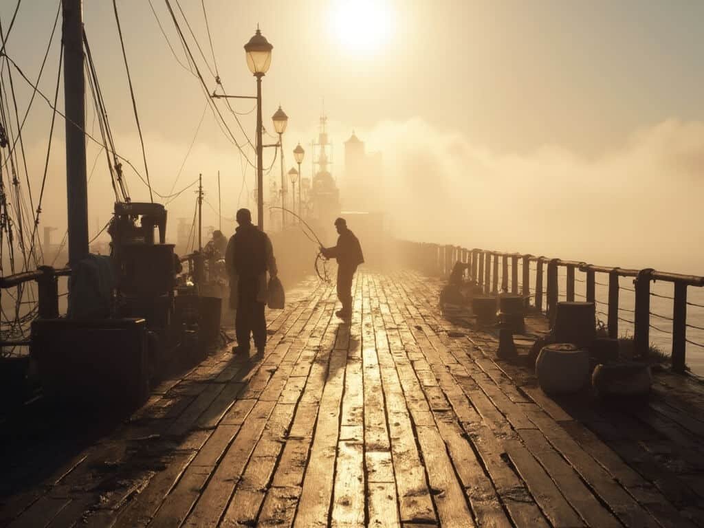 Early morning light on Pismo Beach Pier with fishermen, wooden planks, and misty ocean views