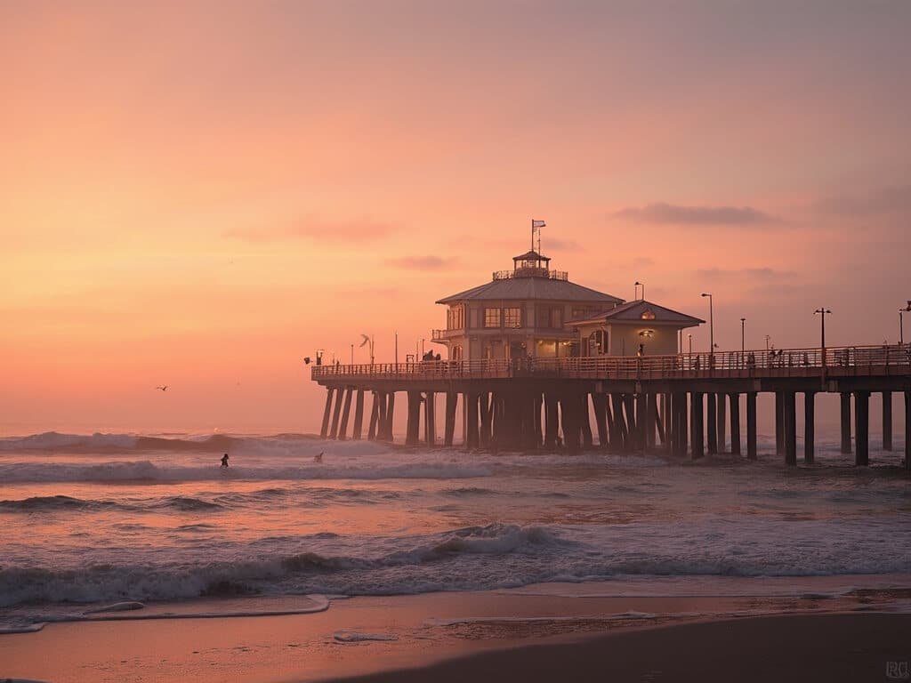 Pismo Beach Pier at sunset with soft orange and pink sky, fishermen casting lines, and a tranquil September evening atmosphere