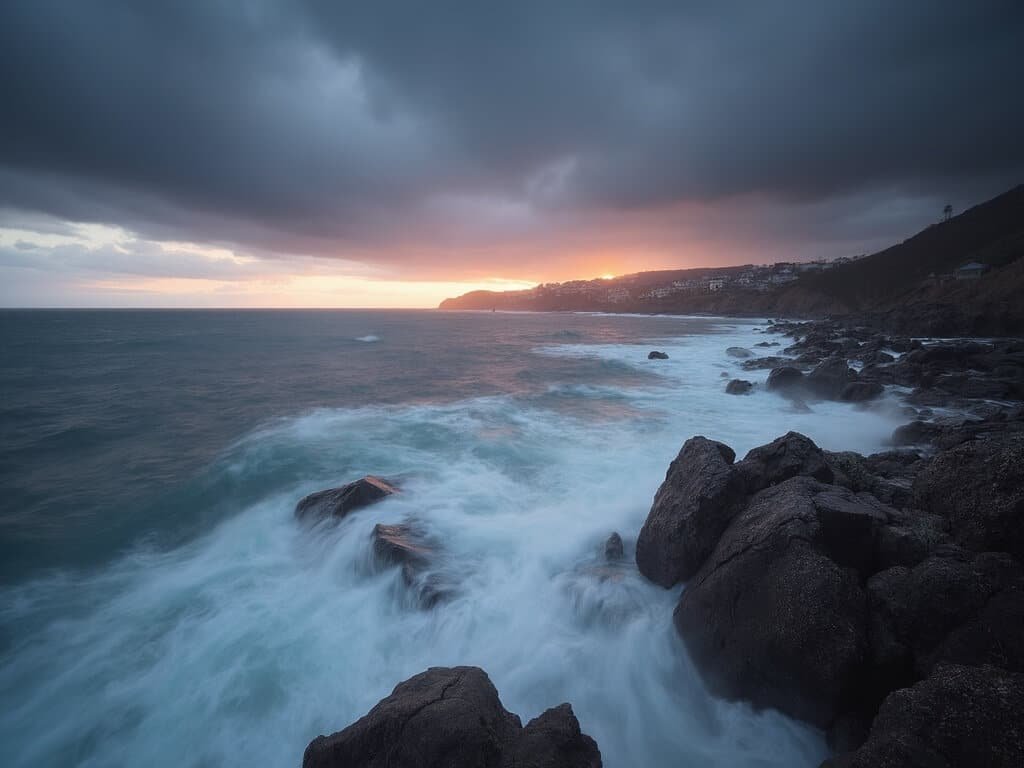 Long-exposure photograph of stormy Pismo Beach coastline at sunset with winter waves crashing against rocky shore