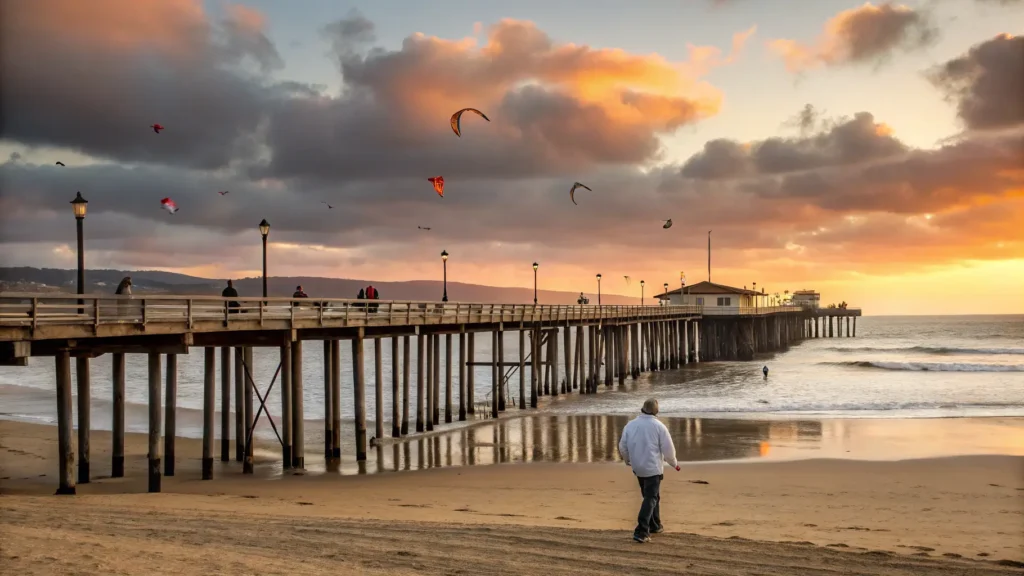 Why November Might Be The Perfect Time You've Never Considered for Pismo Beach (And What Actually Happens There) "Person walking on Pismo Beach pier during golden hour sunset in November, with kite flyers on beach, orange and pink clouds, and mild coastal lighting."