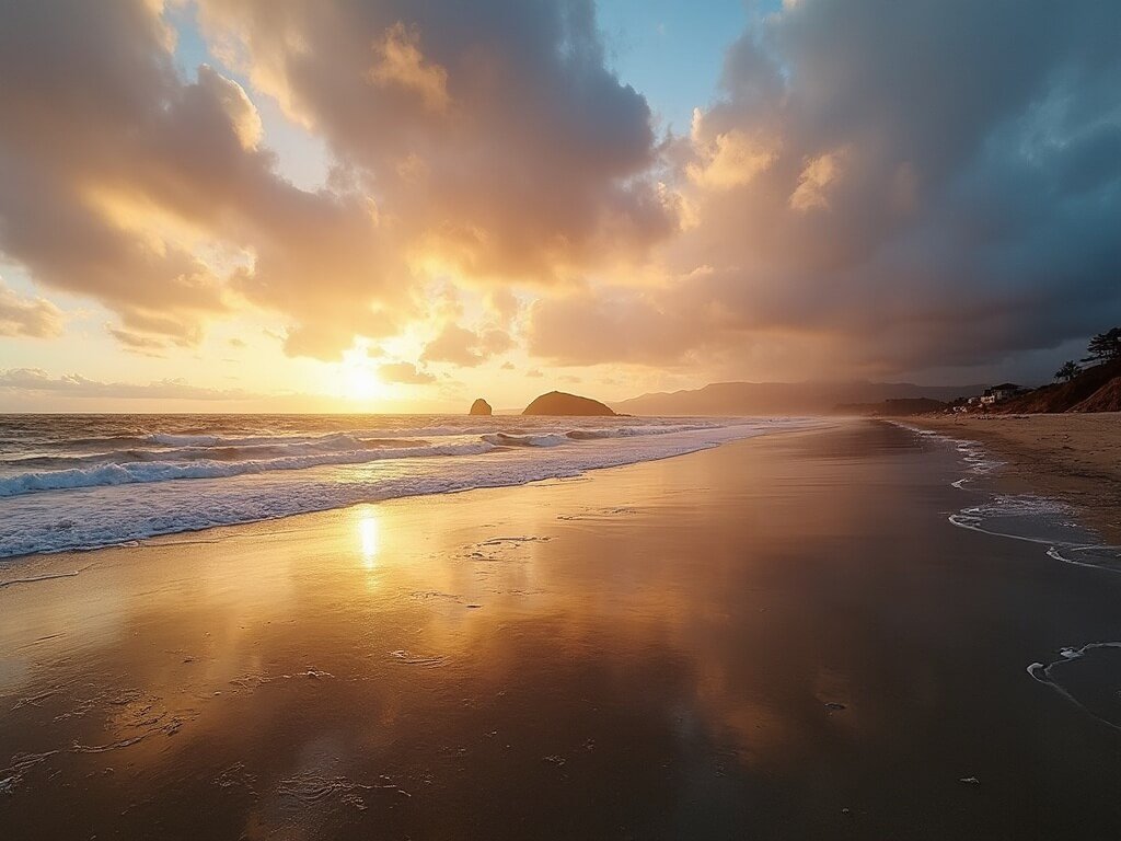 Pismo Beach coastline at sunset with dramatic winter clouds, golden sunlight shadows, distant view of Morro Rock and sea otters near the shoreline