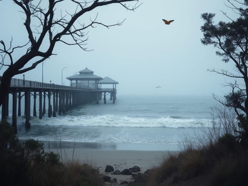 Misty morning at Pismo Beach pier with gray whales breaching in the distance and monarch butterflies silhouetted against eucalyptus trees in the foreground