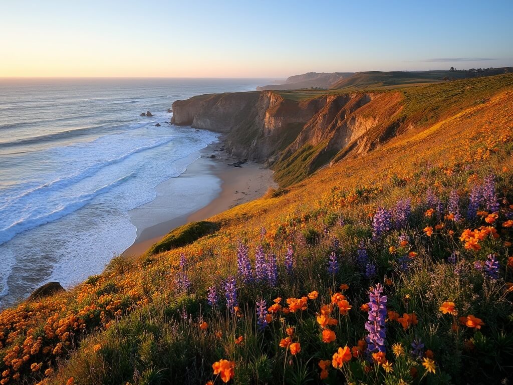 Golden hour view of wildflowers, including purple lupines, orange poppies, and yellow mustard, blooming on the coastal bluffs north of Pismo Beach with the Pacific Ocean in the background