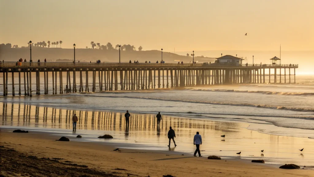 Why Pismo Beach in December Might Be Your Best Beach Decision This Year "Pismo Beach pier at golden hour in December, beachgoers in warm layers, monarch butterflies in eucalyptus trees, tide pools with starfish and anemones, people collecting shells, in uncrowded and peaceful coastal scene"