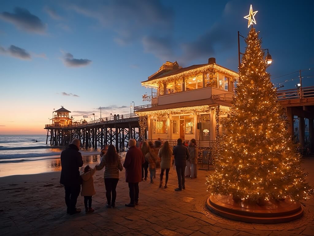 Pismo Beach pier at dusk with Christmas decorations, glowing under soft golden light, and families taking photos by Christmas tree