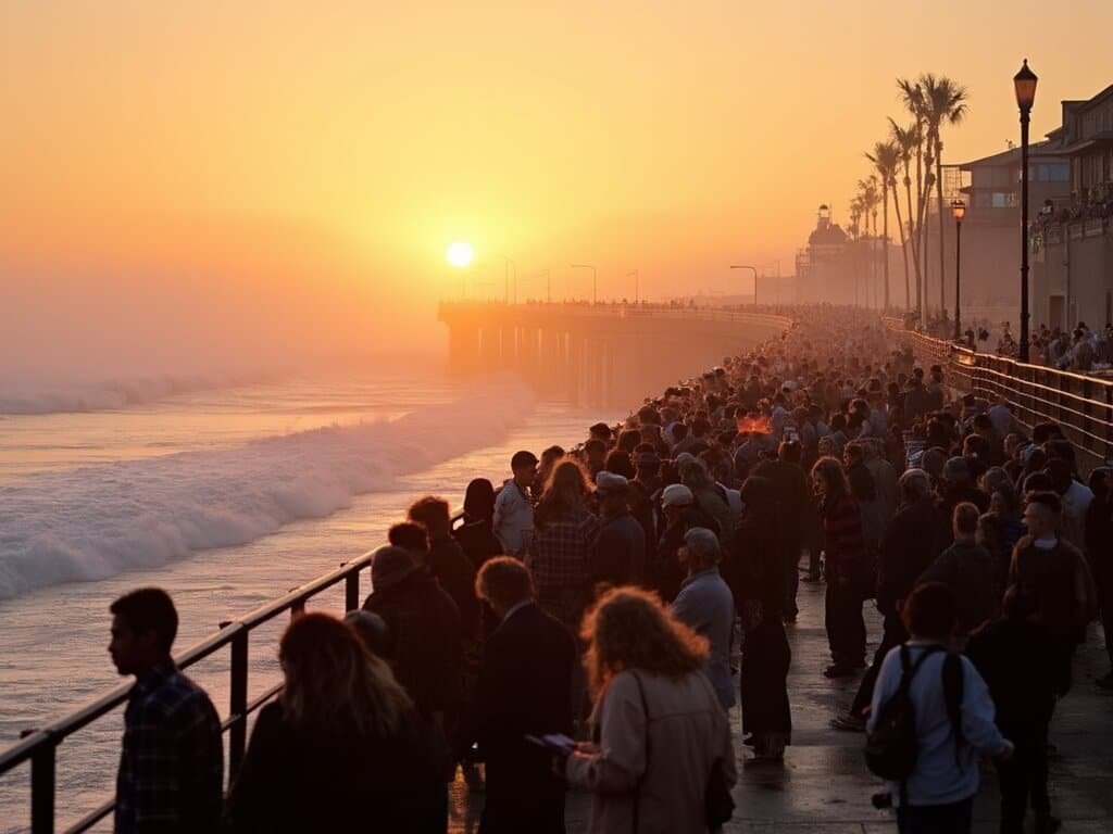Crowded Pismo Pier at sunset with fishers, tourists and photographers against a backdrop of golden light piercing through coastal fog