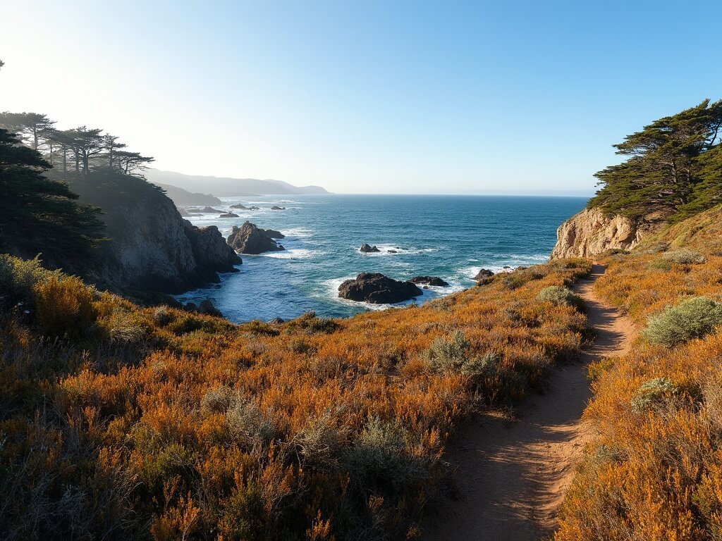 Panoramic view of Point Lobos State Reserve's Cypress Grove Trail with golden autumn coastal scrub, sage, and rocky shoreline against a blue ocean backdrop in soft mid-morning light