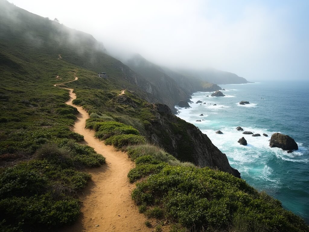 Dramatic landscape of Point Lobos Reserve with green trails, turquoise coves, and misty coastal cliffs