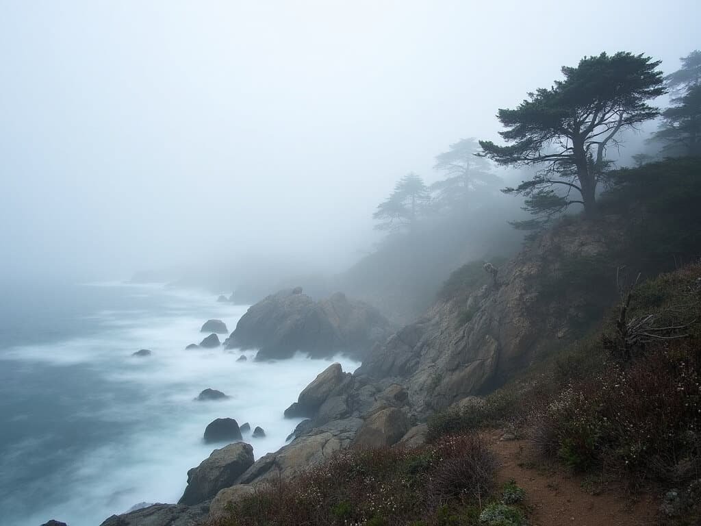 Morning marine fog enveloping cypress trees and rocky terrain at Point Lobos State Natural Reserve