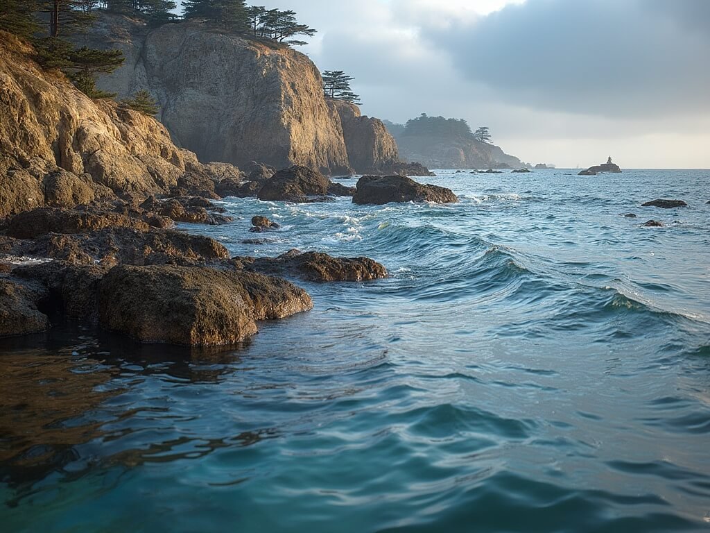 Sea otters in the crystal clear water of Point Lobos State Natural Reserve with rugged rocky coastline in the backdrop, under soft May daylight