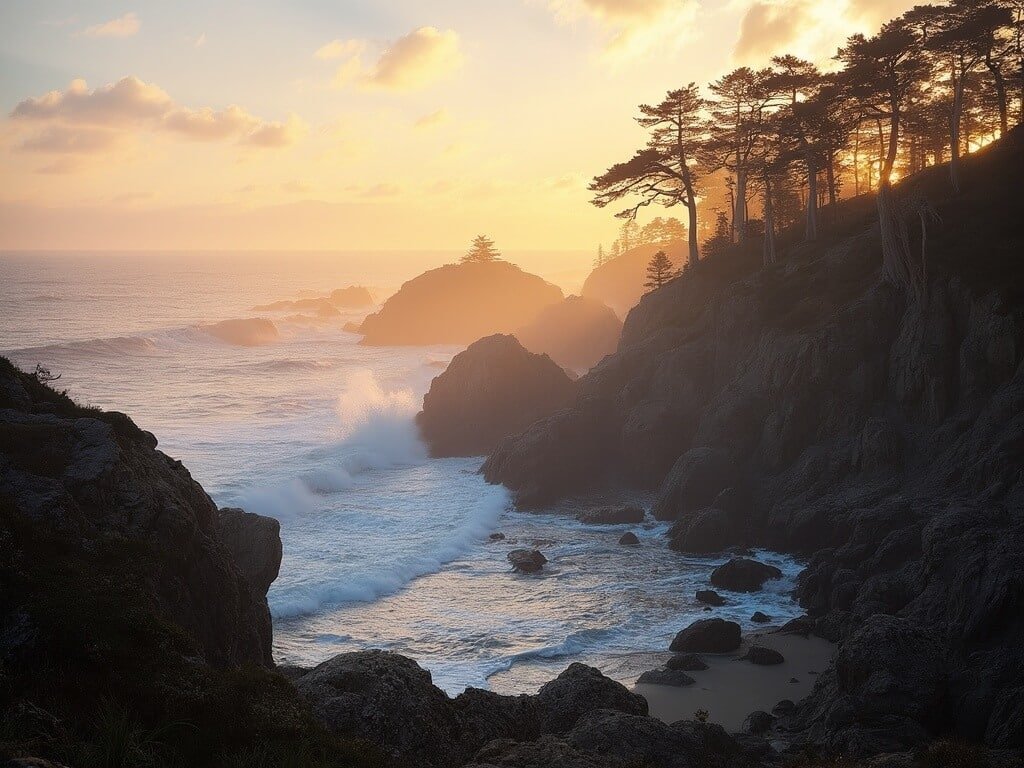 Misty sunrise over Point Lobos State Natural Reserve with cypress trees, crashing waves, and rugged California coastline highlighted by golden light