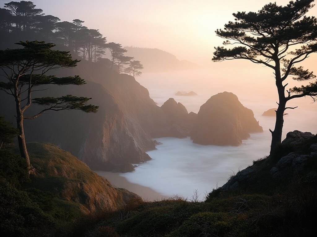 Sunrise at Point Lobos State Natural Reserve with morning fog rolling over Monterey pines and a distant rocky coastline