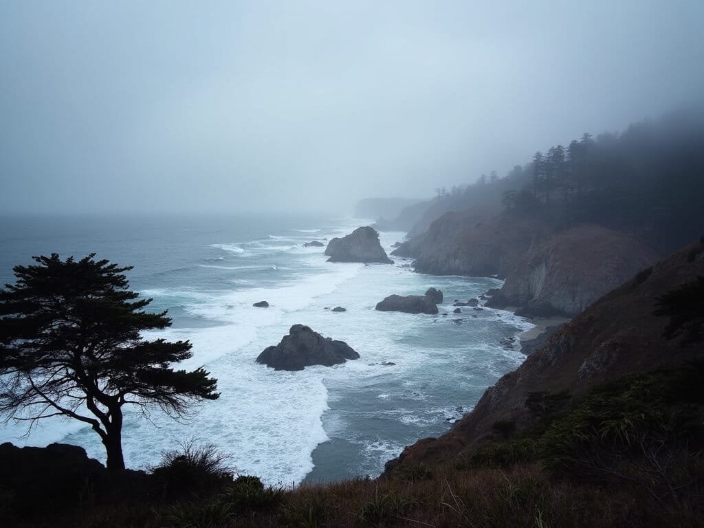 Winter coastal scene at Point Lobos State Natural Reserve with silhouetted cypress trees, rocky cliffs and crashing waves under dramatic grey skies