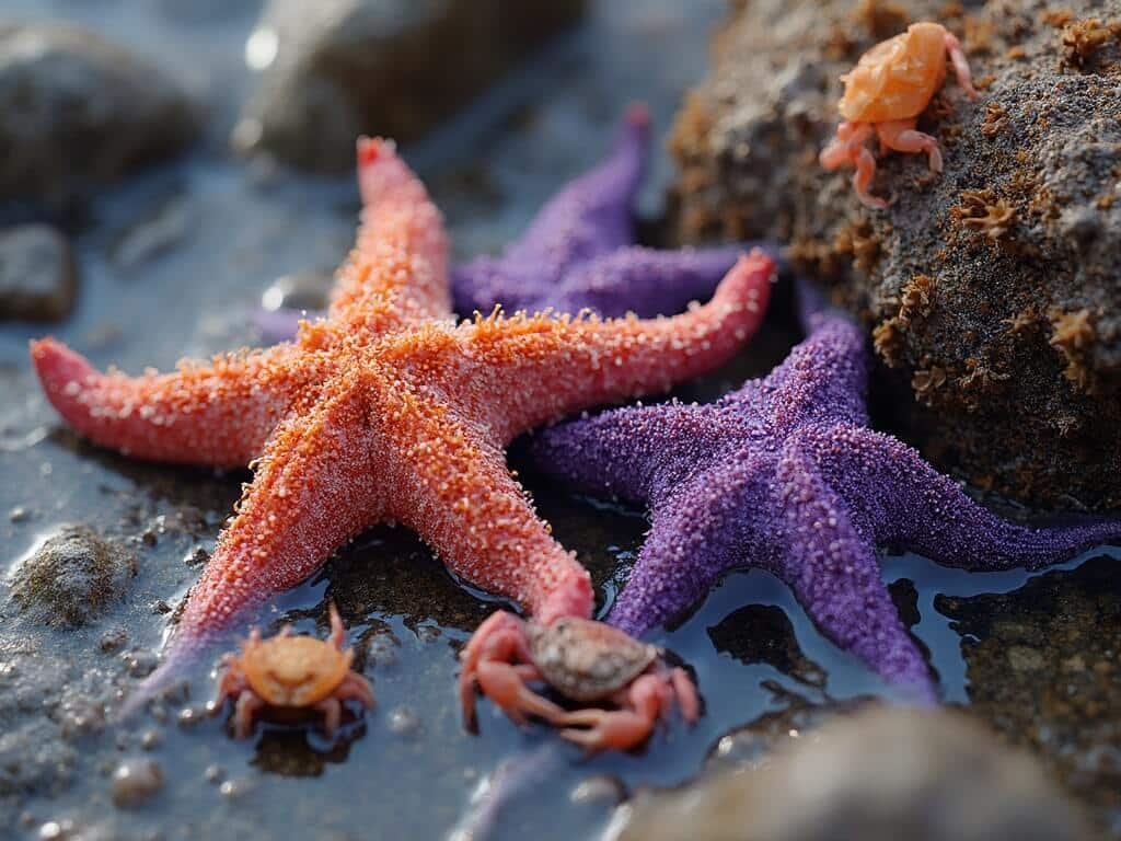 Purple and orange sea stars in a rocky tide pool with sea anemones and crabs at Shell Beach