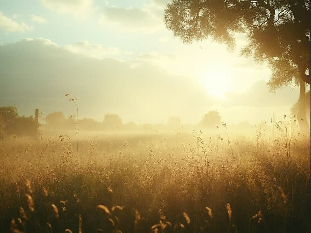 San Jose's mild August wind dynamics showcased through light clouds, gently swaying tall grass and trees in soft warm light