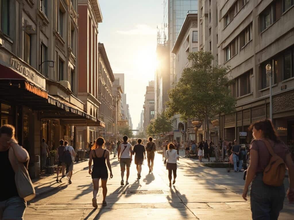 Downtown San Jose street scene in mid-afternoon featuring people strolling in light attire, warm sunlight reflecting off historic and modern buildings, reflecting relaxed outdoor activities at 67-70°F