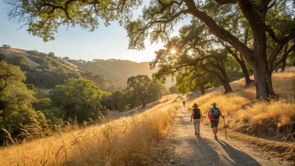 "Hikers enjoying a sunny afternoon on the Los Gatos Creek Trail in San Jose, California, with clear blue skies, Mediterranean vegetation, and golden hour lighting"