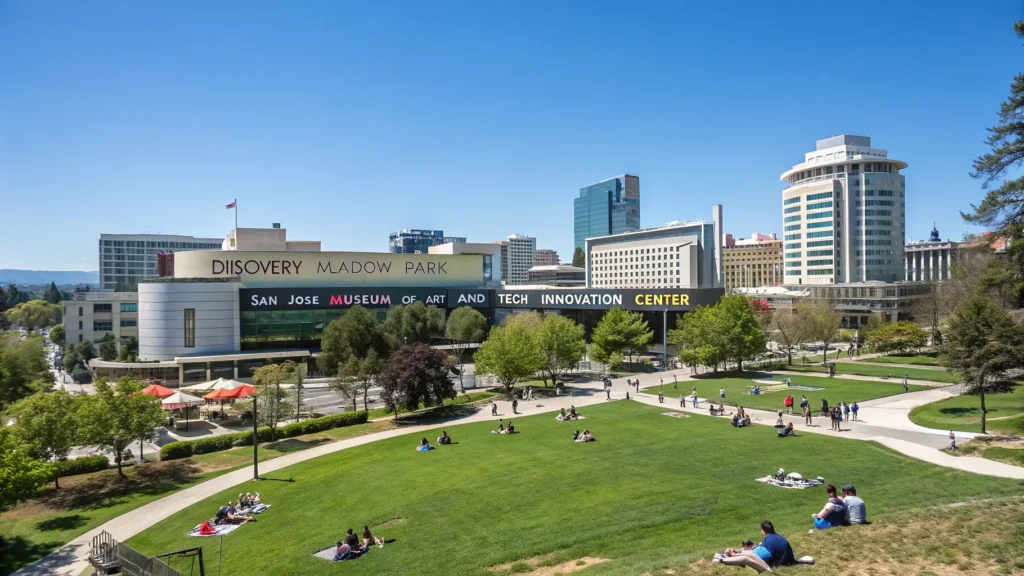 "Panoramic view of downtown San Jose on a sunny day with Discovery Meadow park, Museum of Art, Tech Innovation Center, Japanese Friendship Garden, and a local farmers market under clear skies and golden hour sunlight."