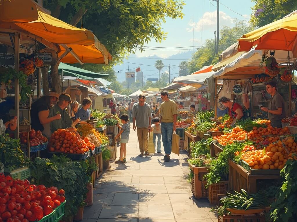 Bustling farmers market in San Jose with local vendors selling colorful fresh produce, people shopping, and cityscape in the background