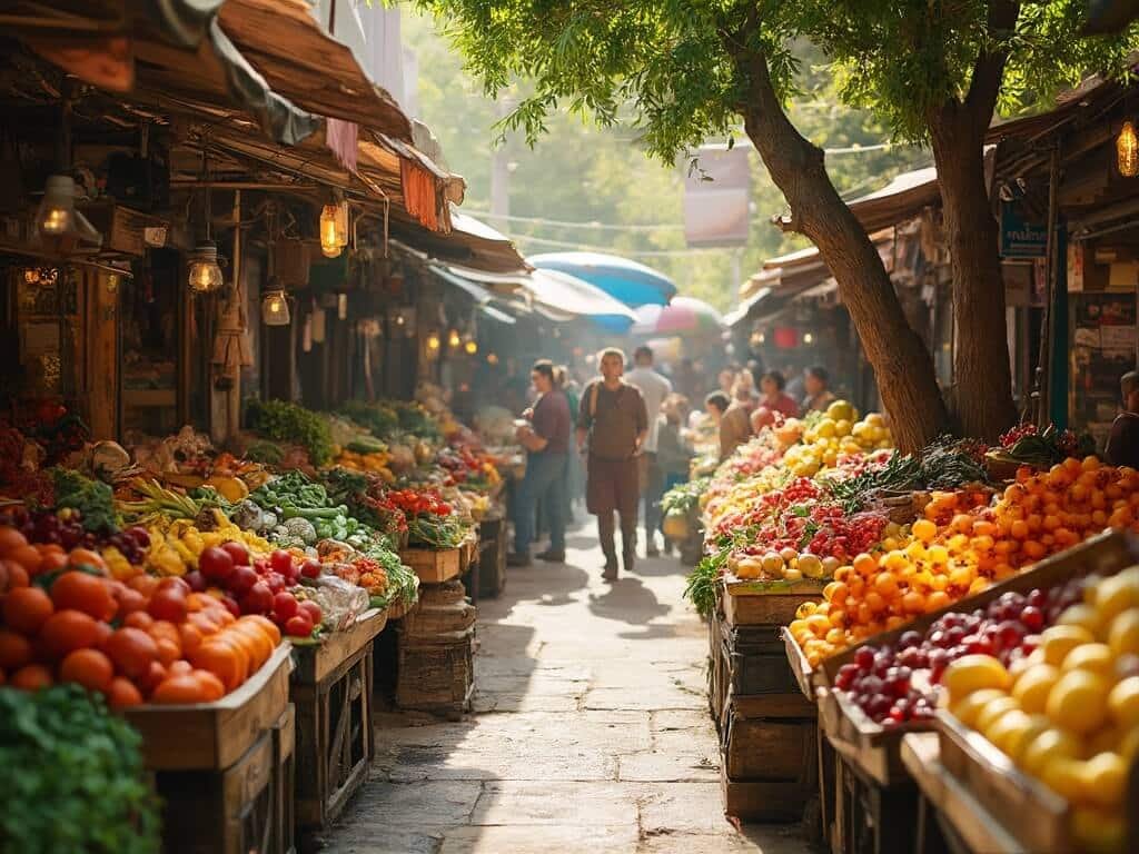 Bustling farmers market in San Jose showcasing a variety of colorful fresh produce under sunlight, with diverse crowd selecting fruits and vegetables