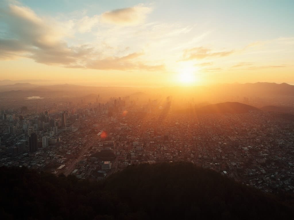 Panoramic sunset view of San Jose cityscape in February, demonstrating long shadows of urban and mountain landscape in golden light, illustrating winter-to-spring transition