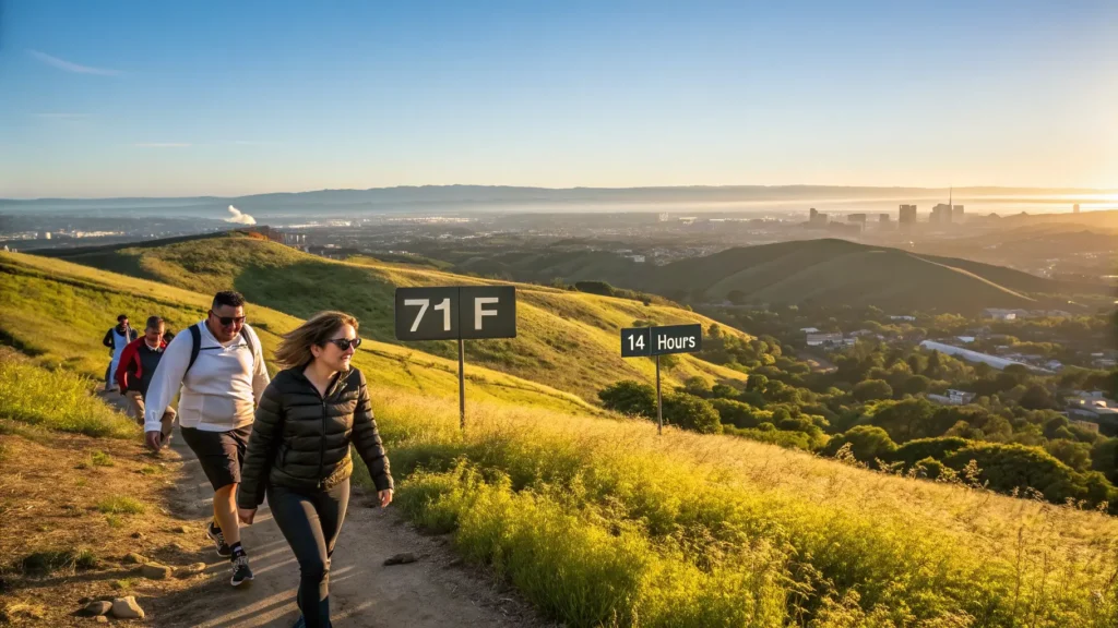 "Hikers enjoying a sunny trail in San Jose, California with view of golden hills, Silicon Valley skyline, and lush green vegetation, under a bright blue sky with the sun indicating 14 hours of daylight"