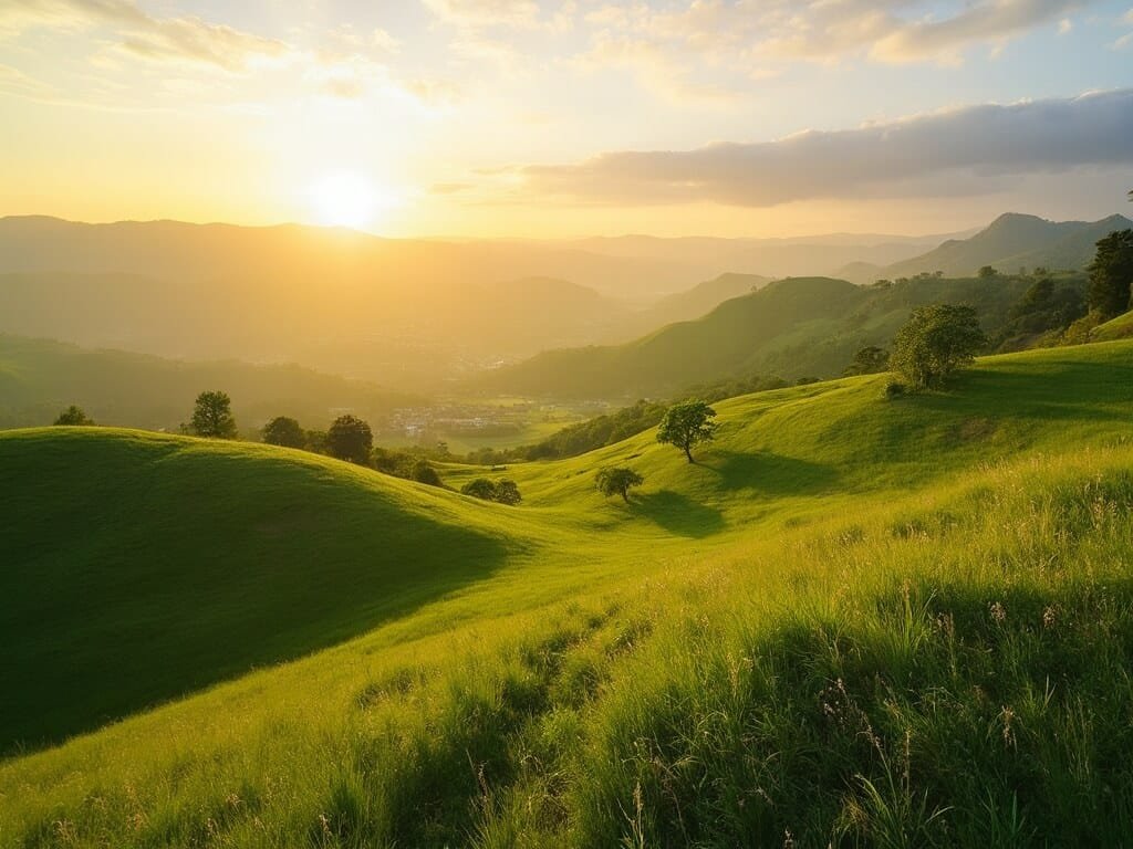 Golden hour landscape of San Jose's rolling green hills and springtime vegetation