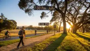 "Person enjoying a summer evening walk during golden hour in a San Jose park at 7:30 PM, with long shadows, activities like hiking and cycling in the background, and thermometer showing perfect 70°F, under an amber hued setting sun."