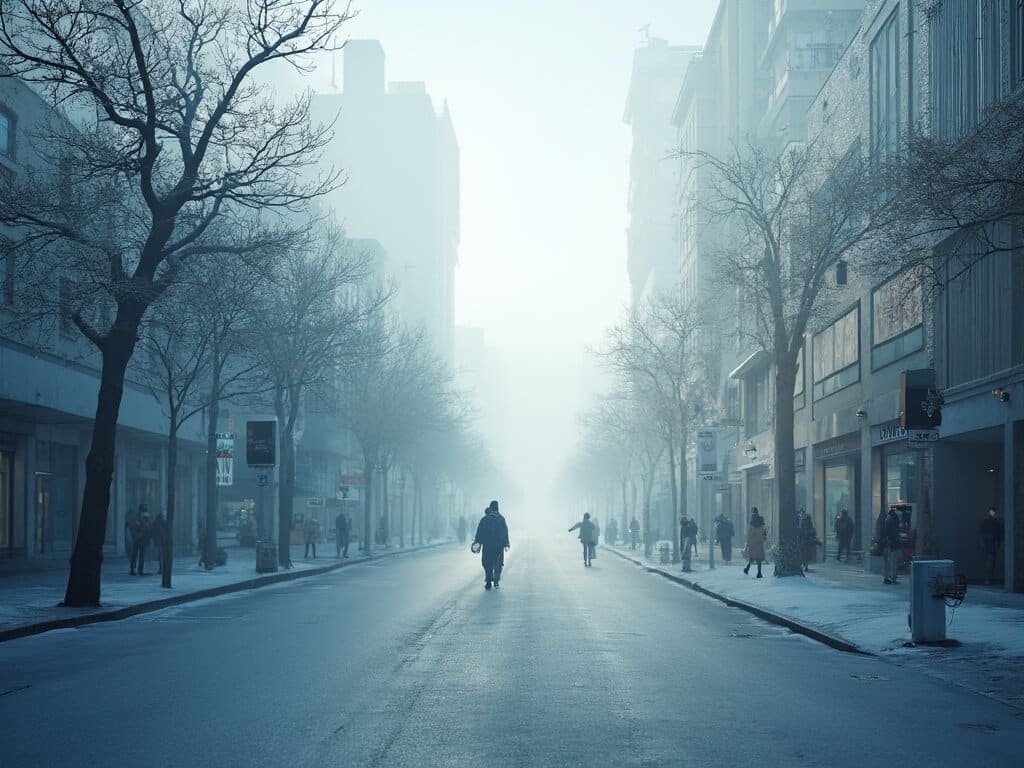 Serene cityscape of San Jose in January with people in light layers, blending urban and natural elements in a cool color palette, under a soft misty atmosphere