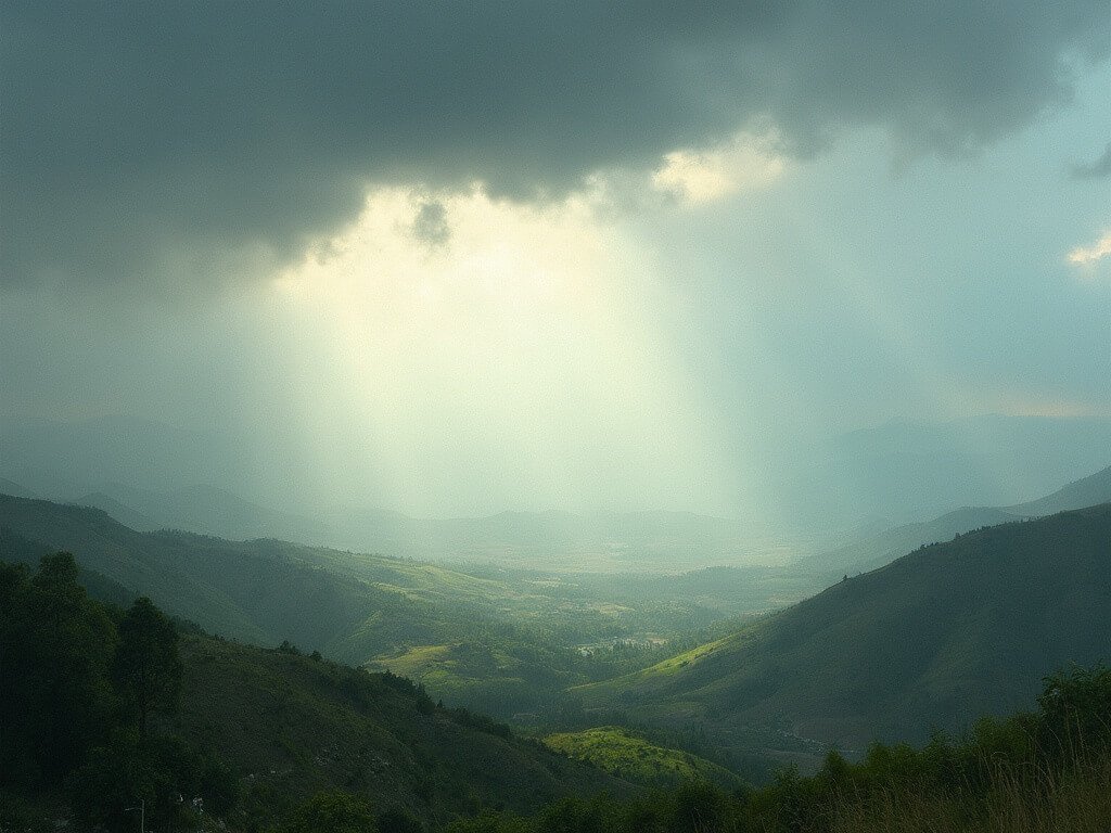 Dynamic weather scene in San Jose in March, showcasing a dramatic sky with partial clouds, sunlight piercing through, distant green hills, depicting atmospheric transition and movement