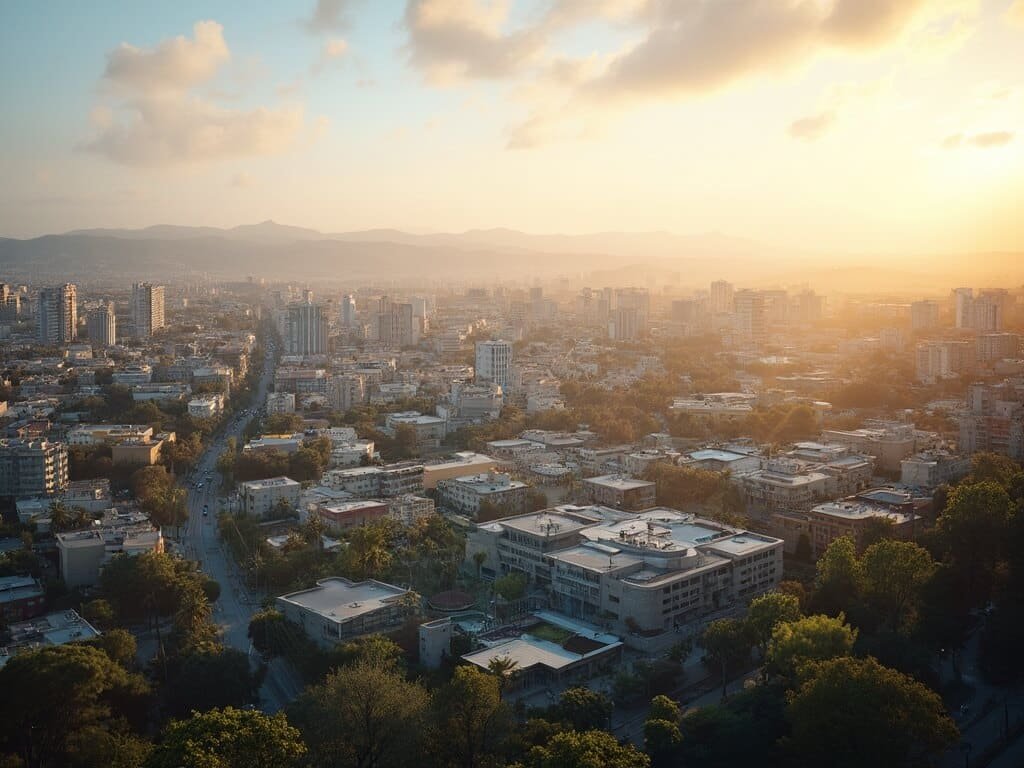 Panoramic view of San Jose showcasing modern buildings, distant hills under soft sunlight, and clear blue skies, representing its Mediterranean climate at 70°F