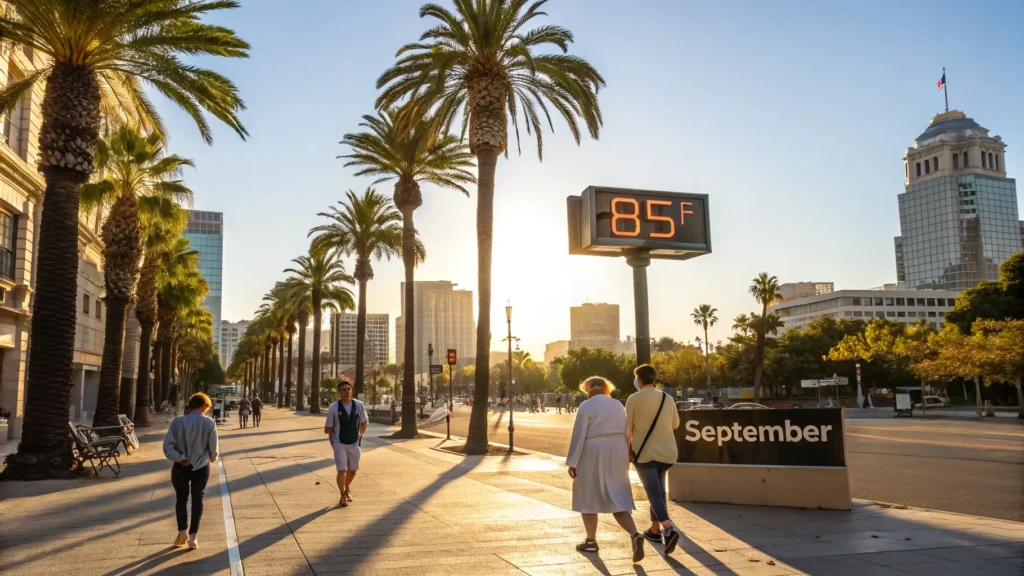 September in San Jose: Your Warm Weather Paradise Awaits "Downtown San Jose, California on a clear and sunny September afternoon with palm trees, pedestrians, an 85°F thermometer display, and the skyline of Silicon Valley under golden hour lighting"