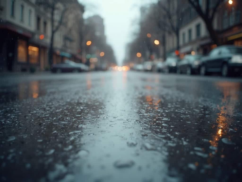 Rainy street scene in San Jose with glistening water droplets on pavement and reflective surfaces showing rainfall, in a misty environment with muted winter color tones and soft lighting