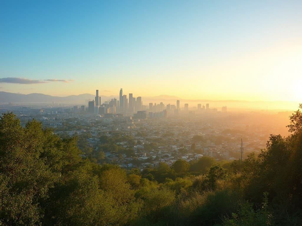San Jose city skyline bathed in warm September sunlight, under clear blue skies with lush green landscape in the foreground