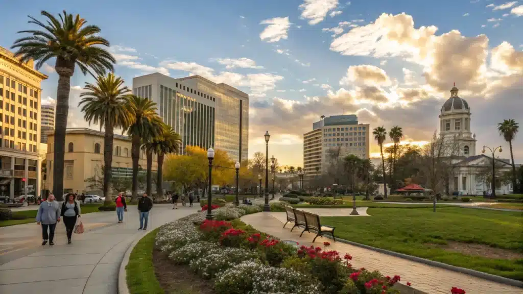 "Downtown San Jose, California in golden afternoon light, people walking by modern buildings and green parks filled with spring flowers, with San Jose City Hall in the background and sunglasses on a park bench, taken during the golden hour in April"