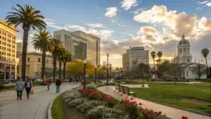 "Downtown San Jose, California in golden afternoon light, people walking by modern buildings and green parks filled with spring flowers, with San Jose City Hall in the background and sunglasses on a park bench, taken during the golden hour in April"