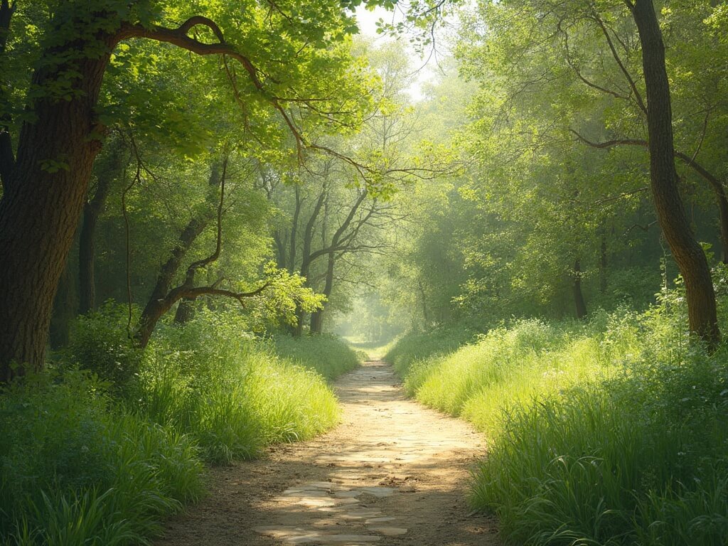 Hiking trail near San Jose surrounded by lush greenery under gentle sunlight, epitomizing comfortable walking conditions and pristine natural pathways in mild springtime temperature