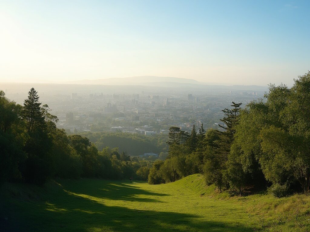 Panoramic view of San Jose in spring, showing a mix of urban and natural scenery with lush green trees, clear skies, and soft morning light
