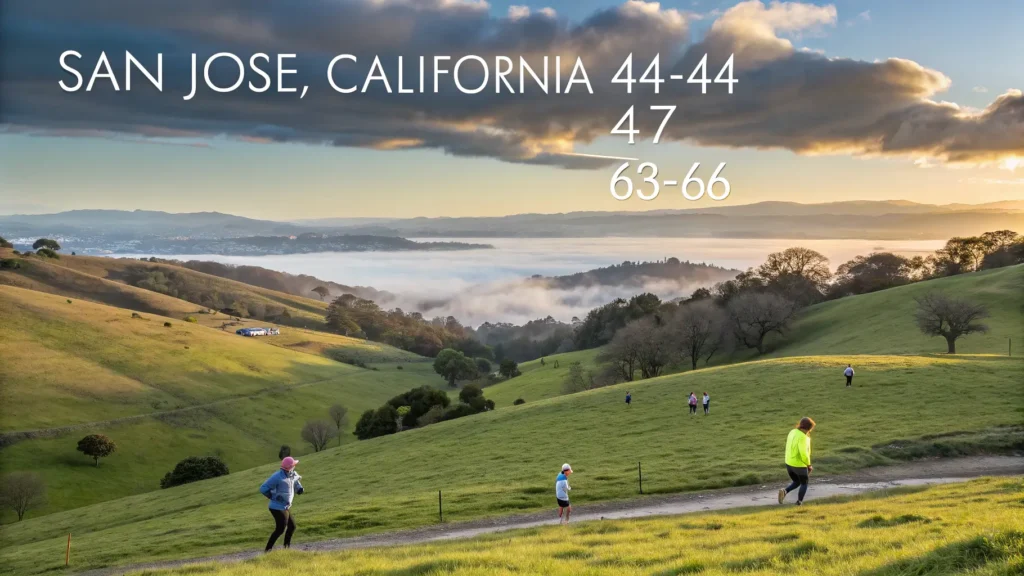 "Scenic view of San Jose, California in March with morning fog over green hills, sunny skies, Santa Cruz mountains, people in layered clothing in a park, scattered rain clouds, golden hour lighting at 6:47 PM, spring vegetation beginning to bloom, 26% cloud coverage"