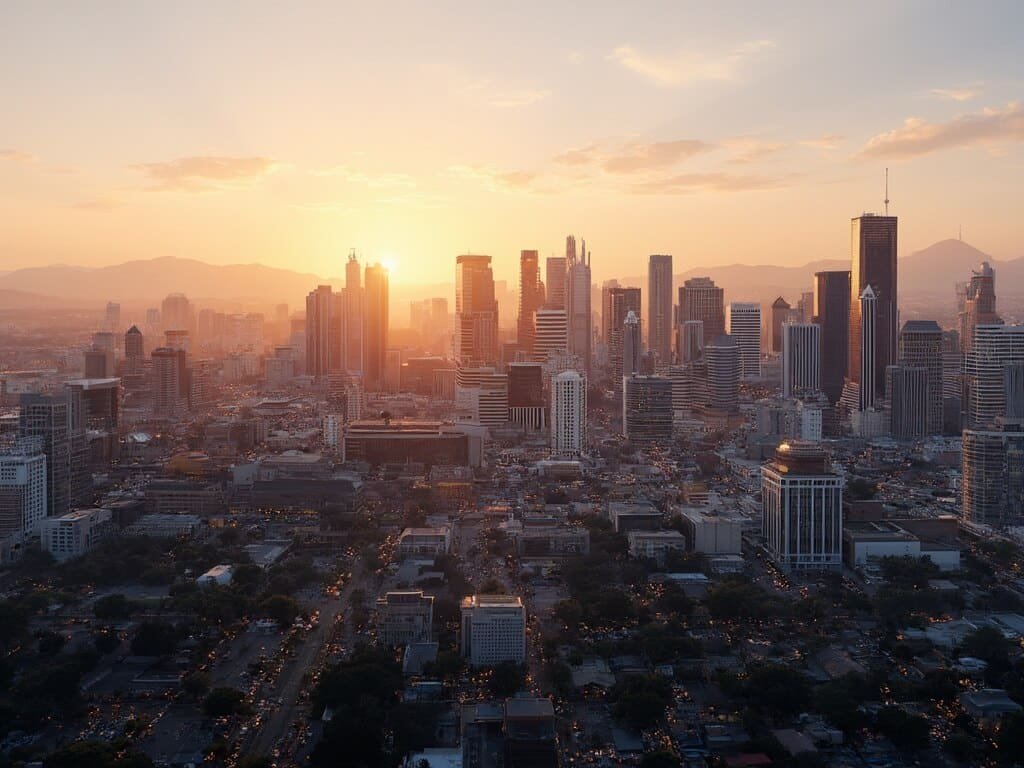 Panoramic view of San Jose's modern architecture under a golden sunset, embodying the city's innovative and contemporary spirit