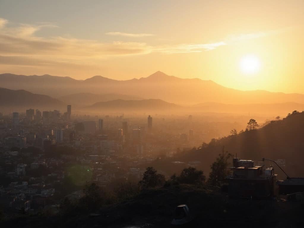 Sunset view of San Jose with misty mountains, gold-toned cityscape, and visible microclimate changes