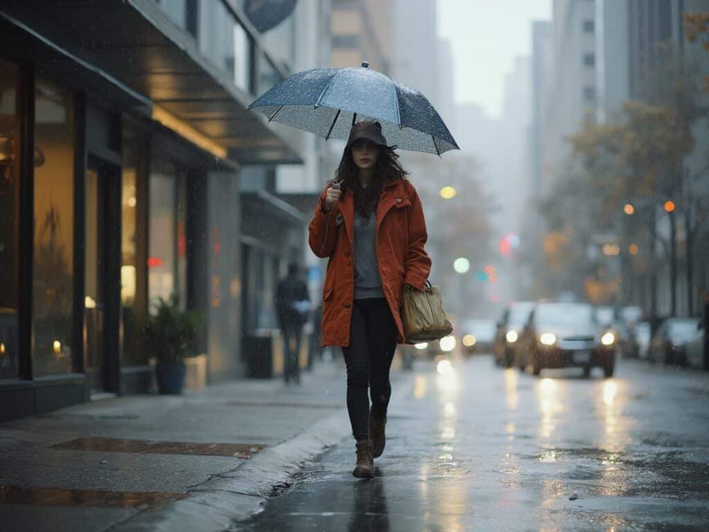 San Jose resident in layered clothing confidently walking on a wet pavement with modern urban architecture in the background in light January rain