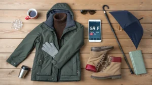 "Flatlay of cozy winter outfit on wooden background, including waterproof jacket, warm sweater, closed-toe boots, gloves, and umbrella, with smartphone displaying San Jose weather, coffee and sunglasses."