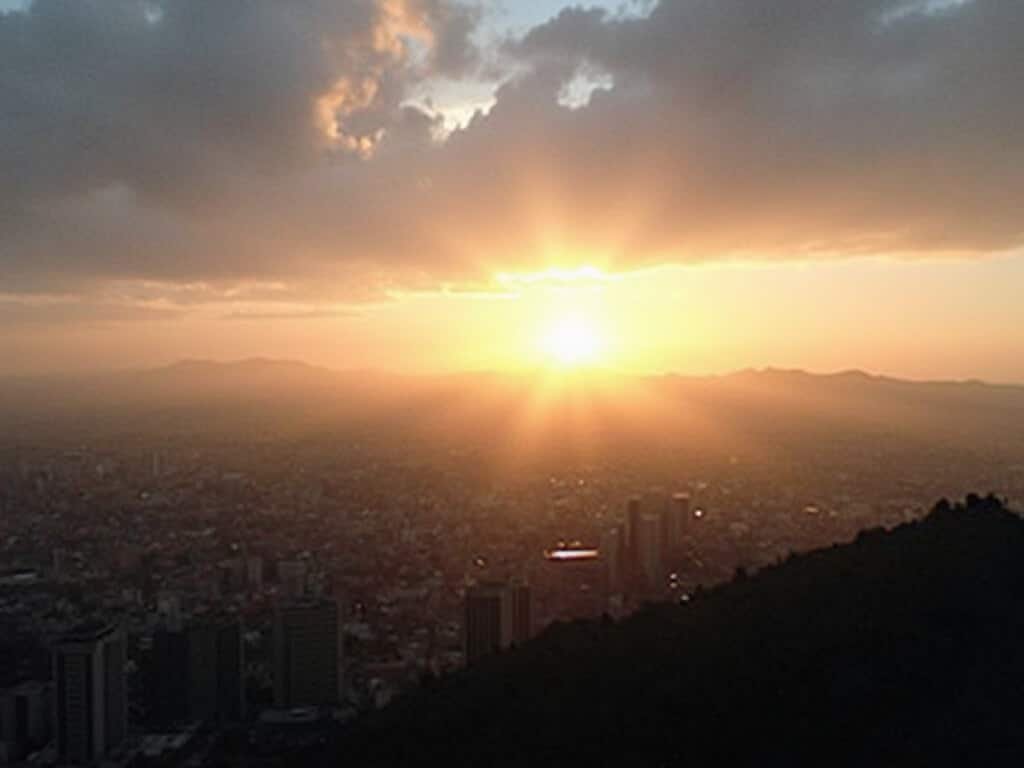Panoramic sunrise view of San Jose featuring urban buildings' silhouettes, distant hills, and soft golden light breaking through slightly cloudy skies, illustrating the gradual lengthening of winter days and cool morning atmosphere