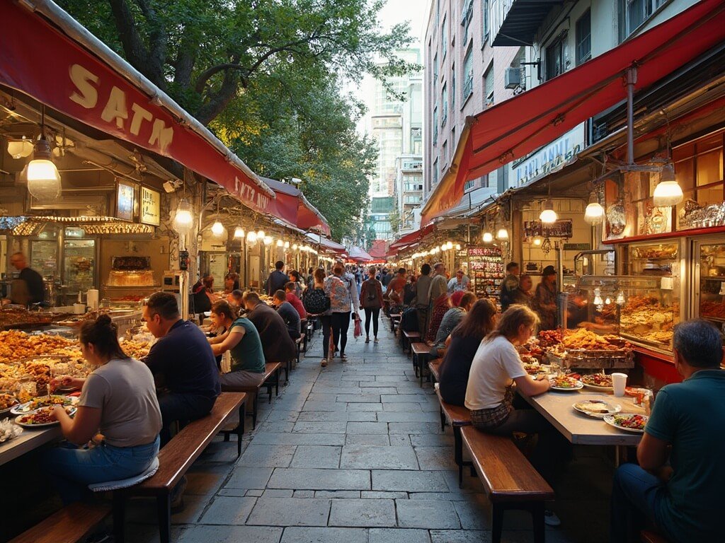 Diverse culinary scene at San Pedro Square Market with people enjoying meals, colorful food displays, bustling urban market ambience, and a mix of cultural cuisines.
