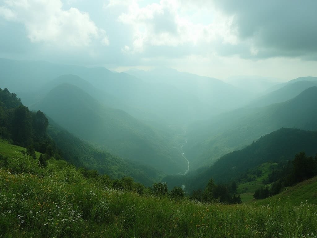 Scenic view of Santa Cruz Mountains with green trails, misty environment, morning light through clouds and blooming wildflowers after spring rain