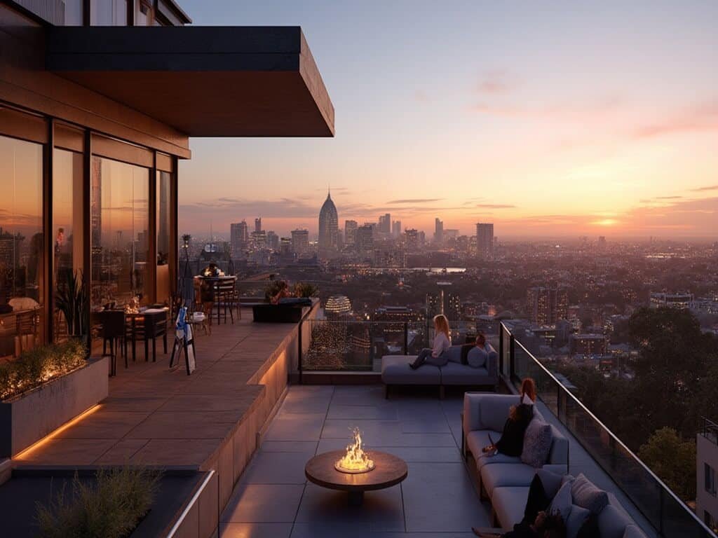 Elegant rooftop bar in Santana Row at sunset with tech professionals networking, modern furniture, soft ambient lighting and panoramic San Jose city skyline view
