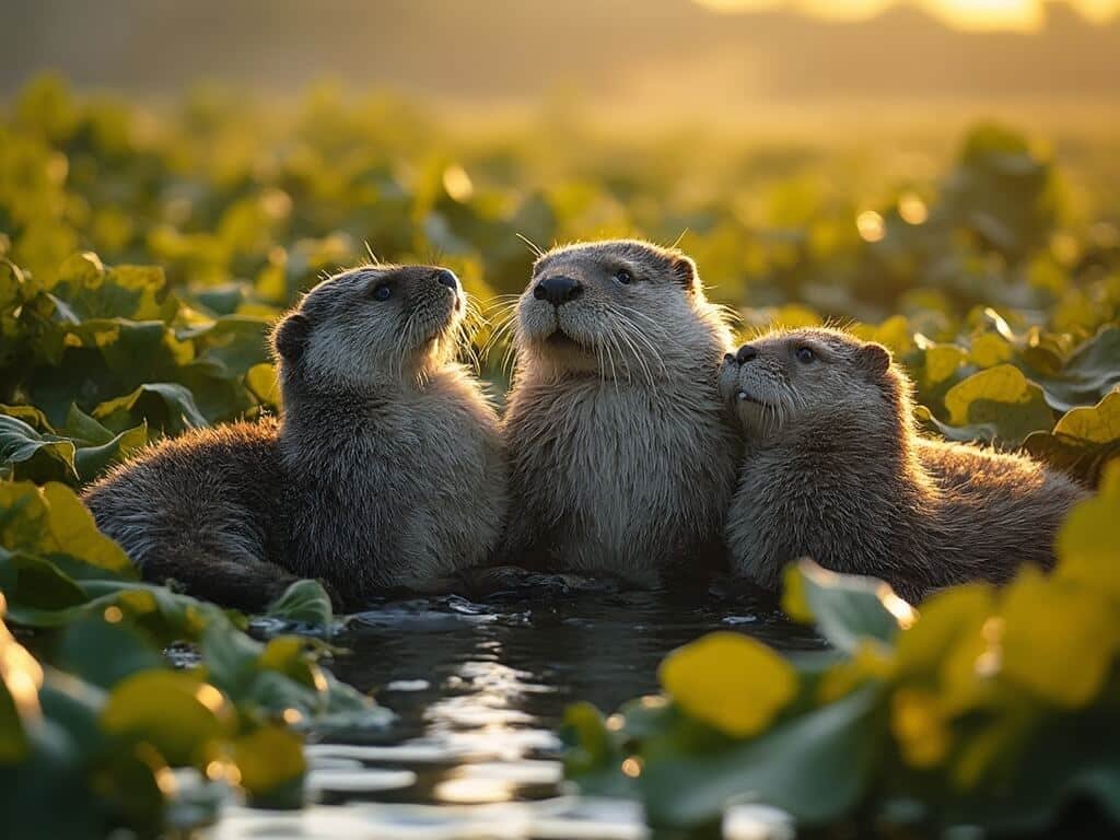Sea otter family resting in kelp beds near Cannery Row under morning sunlight