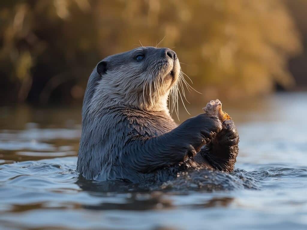 Sea otter floating on back with shellfish in Monterey Bay, morning light, blurred kelp forest background during whale migration season